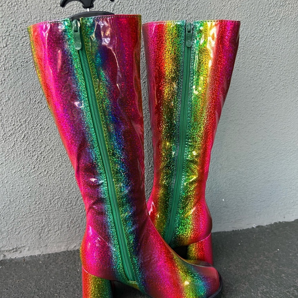 NEW Ellie Glitter Rainbow Go Go Boots Rave Raver EDM Knee High Festival Sz 7 - Picture 3 of 7